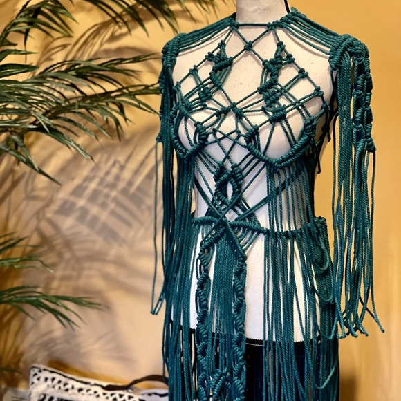 Handmade Macramé Bondage Dress Teal Blue Crochet Cut Out Distressed - Picture 11 of 16
